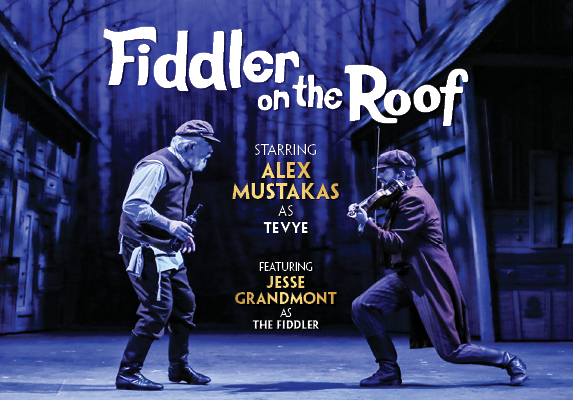 A promotional poster for the play “Fiddler on the Roof.” In the foreground, two actors are portrayed in character. One is playing a violin, while the other appears to be dancing or in motion. The background is dark and moody, with silhouettes of buildings creating an urban scene. The title “Fiddler on the Roof” is prominently displayed at the top in large, white font. Below the title, there’s text indicating that Alex Mustakas stars as Tevye, and Jesse Grandmont plays The Fiddler. 